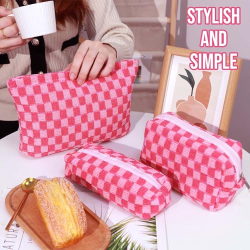 3 Pcs Makeup Bag Cosmetic Bag Set for Girls Women Checkered Travel Organizer Bathroom Toiletry Pouch Large Capacity Storage Bag (Rose-Red) - color: Rose-Red