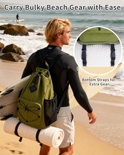WANDF Drawstring Backpack with Removable Wet Pocket, Sandproof Beach Backpack with Bottom Compression Strap for Beach Mat, Swim Bag for Pool, Gym, Travel and Workout Gear (Dark Green) - color: Dark Green