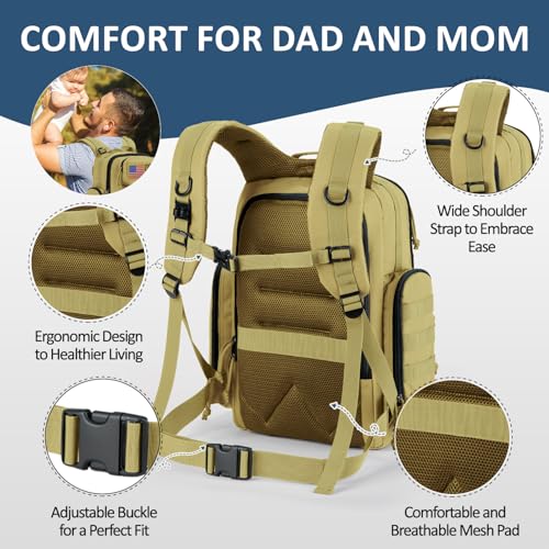 MIRACOL Baby Diaper Bag with Changing Pad - Large Military Daddy Gear Backpack for Hiking Travel Camping -Army Style for Men Active Dad Tan - color: Tan W/ Changing Mat