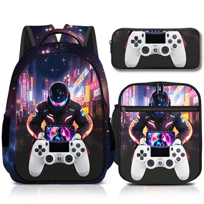 Boys Backpack with Lunch Box and Pencil Case, 3Pcs Gamer Backpack for Boys Teens, 17 Inch Large Capacity - color: GAME-MTWJ-9