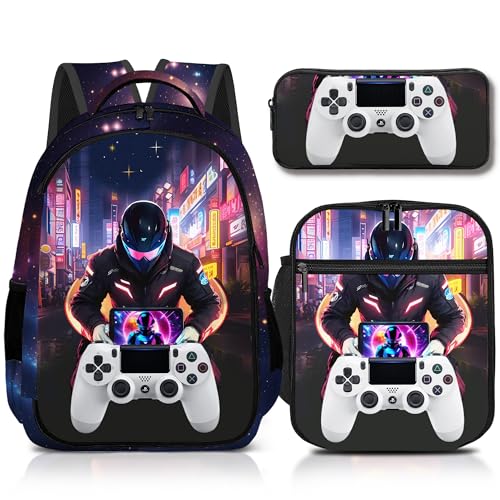 Boys Backpack with Lunch Box and Pencil Case, 3Pcs Gamer Backpack for Boys Teens, 17 Inch Large Capacity - color: GAME-MTWJ-9