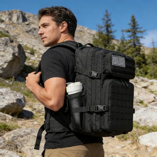 Military Tactical Backpack 45L/25L 3 Day Assault Pack Molle Daypack Hiking Backpack for Men and Women - color: Black-2, size: 45L