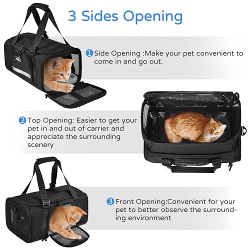 Wakytu Airline Approved Pet Carrier, Collapsible Cat Carrier, Expandable Dog Carrier, 900D High Density Oxford Cloth, Wear-Resisting, Anti Tearing, Safety Lock Zipper, Reflective Tape - color: 2.0 Black, size: 17.7"L x 11.0"W x 8.3"H