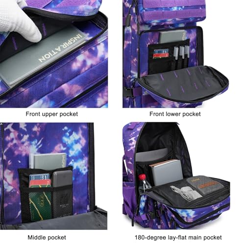 45L Military Tactical Backpack for Men & Women Bug Out Bag Assault pack Molle Daypack Hiking Trekking Rucksack (2.0 side pockets (purple tie-dye) - color: 2.0 Side Pockets (Purple Tie-dye）