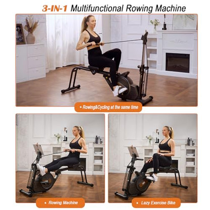 Rowing Machine for Home, 3 in 1 Magnetic Rower with 6-Level Height Adjustable, LCD Monitor & Phone Holder, APP Compatible, Folding Design, 350LBS Weight Capacity for Full-Body Workout