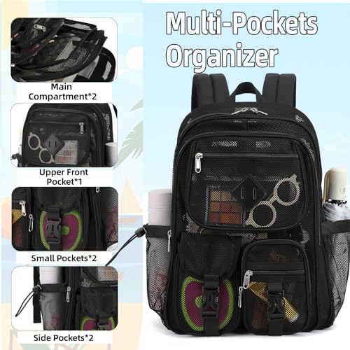 Black Mesh Backpack for Girls Boys, Mesh Bookbags Heavy Duty Semi-Transparent School Bag for College, Travel, Beach, Swimming, Sports - color: Black