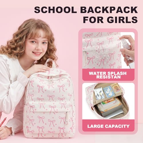 LEDAOU School Backpack for Teen Girls Elementary Middle School Bookbag Kids Backpacks 15.6 in Laptop Backpack Travel Daypack - color: A-bow Tie Love Beige