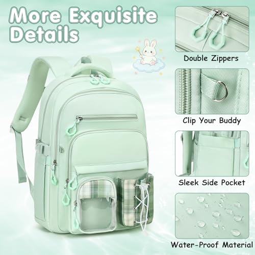 GeeWin Girls Backpack for School with Lunch Box & Pencil Case Set, 17 Inch Stylish Plaid Girls Bookbag with Lots of Pockets for Kids, Teens, Elementary Middle High College School (Light Green) - color: Light Green