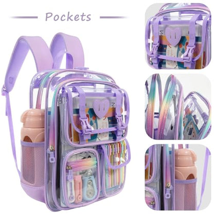 Clear Backpack for Girls Women Heavy Duty Transparent Bookbag School Backpack with Mesh Pockets Stadium Approved See Through Backpack (Purple) - color: Purple