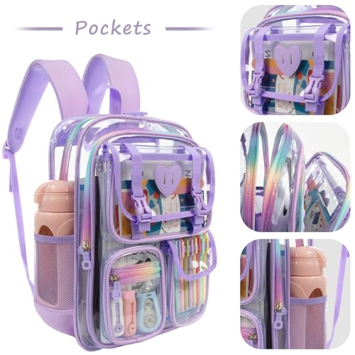 Clear Backpack for Girls Women Heavy Duty Transparent Bookbag School Backpack with Mesh Pockets Stadium Approved See Through Backpack (Purple) - color: Purple