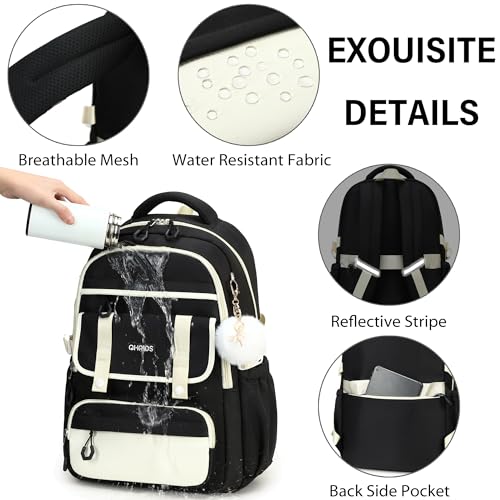School Backpack for Girls, Laptop Backpack 15.6 Inch Kids Elementary Middle High School Bag Anti Theft Cute College Bookbags for Teens Girls Women Students Casual Travel Daypack,Black Beige - color: Black Beige