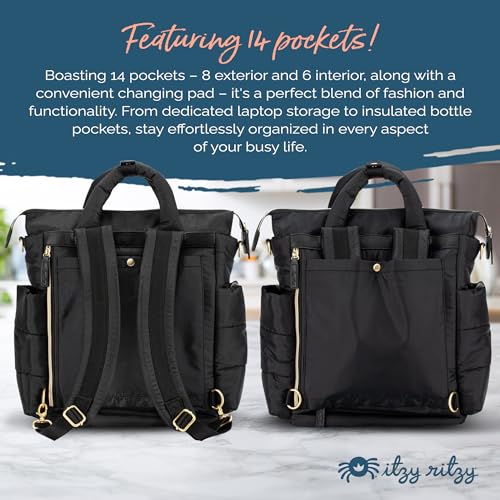 Itzy Ritzy Dream Convertible Diaper Bag Tote Backpack - Baby Diaper Bag with 14 Pockets, Changing Pad & More (Midnight Black) - color: Midnight Black