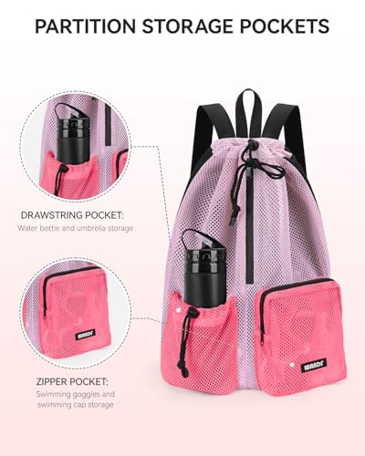 WANDF Swim Bag for Swimmers, Mesh Beach Backpack - color: Light Pink With 2 Front Pockets, size: Large