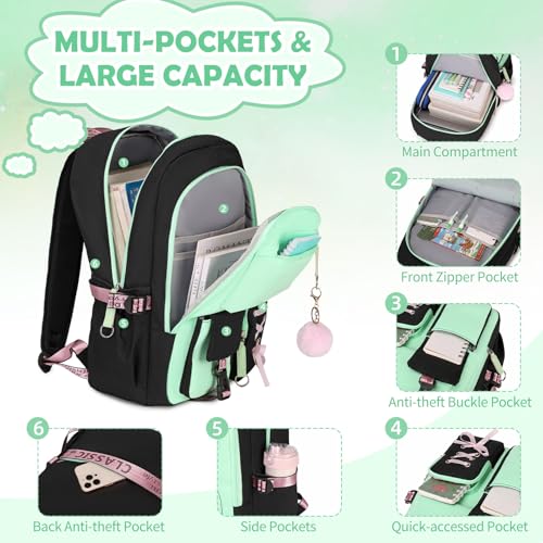 ACESAK Backpacks for Girls, Girls Backpack with Lunch Box and Pencil Case for Teen Kids Elementary Middle High School College Student, Children Backpack Bookbag with USB Charging Port (Black Green) - color: Black & Green