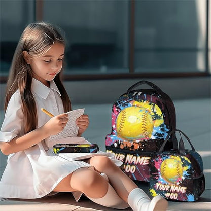 COZYAURA Custom Backpack Set - Softball Backpacks for Girls - Kids Bookbag for Elementary Middle School - Personalized School Bag with Lunch Box & Pencil Case - color: Style-4