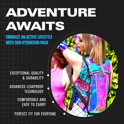 Sojourner Rave Hydration Pack - Hydration Backpack - Hydropack with 2L Bladder - Water Backpack for Festivals, Hiking, Running, Biking and More - color: Holographic - Blue