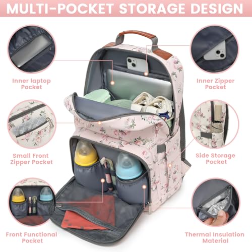 Diaper Bag Backpack, Large Baby Nappy Bags with Portable Changing Pad for Boys and GirlsMultifunction Travel Baby Bag for Moms Dads, Shower Gifts Waterproof and Stylish，Flower Pink - color: Flower Pink