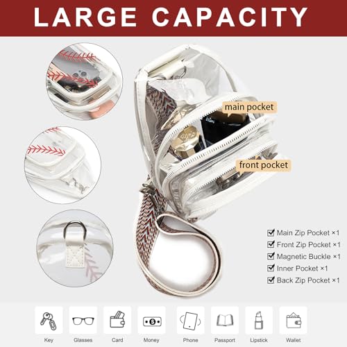 FAYBA Clear Bag for Stadium Approved Women Crossbody Bag, Baseball Print Crossbody Purses Wide Guitar Strap Chest Sling Purse - color: Clear