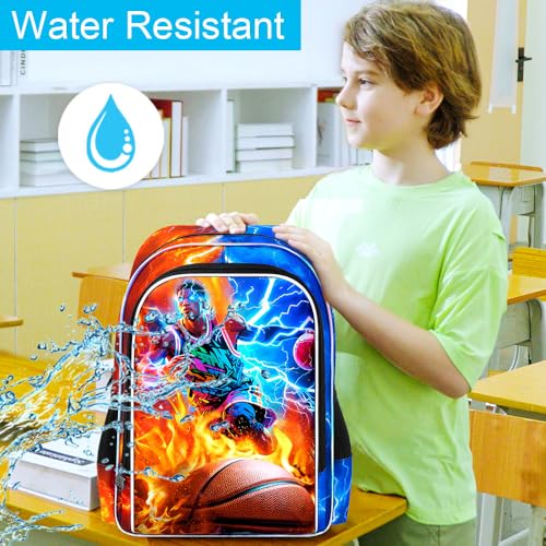 AGSDON 3PCS Boys Backpack for Boys, 17" Kids Bookbag with Lunch Box for Boy,Basketball Flame Thunder Backpacks Water Resistant and Lightweight for Teen - color: Basketball 01