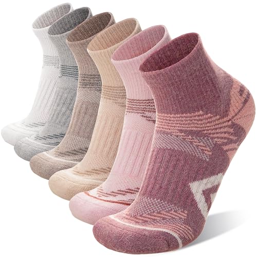 ANTSANG 6 Pairs Merino Wool Quarter Ankle Hiking Running Socks Compression Thermal Thick Cushion Socks for Women Men - color: Pink Series, size: Medium