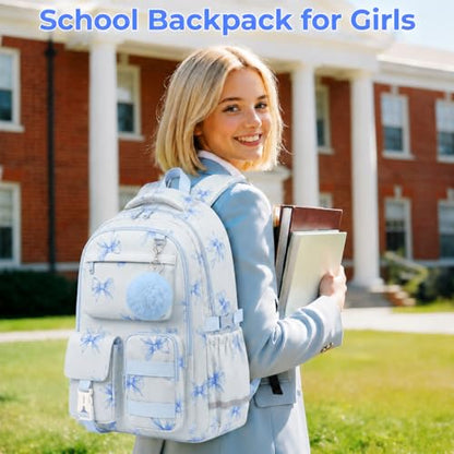 WOBAGMEN Cute Bow Backpack for Teen Girls, Large Capacity Multi-Pocket School Bag Fits 15.6" Laptop, Lightweight Durable Daypack for School and Travel (Blue Bow, M) - color: Blue Bow