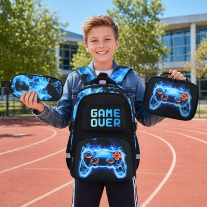 Scothen 3PCS Boys Backpack Set, Cool Backpack for Boys with Lunch Bag & Pencil Case, Kids School Bag Teen Boy Bookbag for Kindergarten Elementary Middle School with USB Charging Port - color: Blue Flame