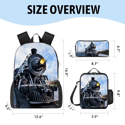 3PCS Train Print Backpack for Boys Girls Teens, School Backpack with Lunch Box Pencil Case for Elementary Middle High Students, 17 Inch Lightweight Bookpack 3 in 1 Set Back to Shool Gifts for Kids - color: Train