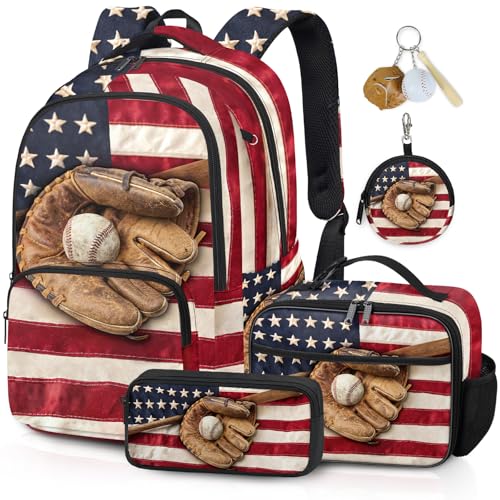 Baseball Backpack Set for Boys, Kids Retro USA Flag Backpack for School with Lunch Box and Pencil Case Coin Purse, School Bookbag for Boys - color: Retro Baseball