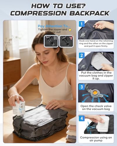 Travel Backpack for Women Men, Flight Approved Carry On Backpack with Compression Vacuum Storage Bags, 18x14x8 inches Personal Item Travel Bag with Pump Black - color: Black