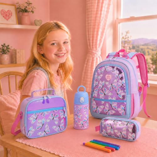 Kids Backpack for Girls 5-8, 4PCS Toddler Backpack with 13oz Kids Insulated Water Bottle, Lunch Box and Pencil Case, Girls Bookbag Schoolbag for Primary Kindergarten Elementary School - color: Purple Blue Butterfly