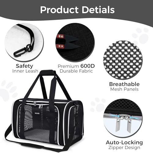 BAGLHER Pet Travel Carrier, Cat Carriers Dog Carrier for Small Medium Cats Dogs Puppies, Airline Approved Small Dog Carrier Soft Sided, Collapsible Puppy Carrier. Black - color: Black, size: Medium