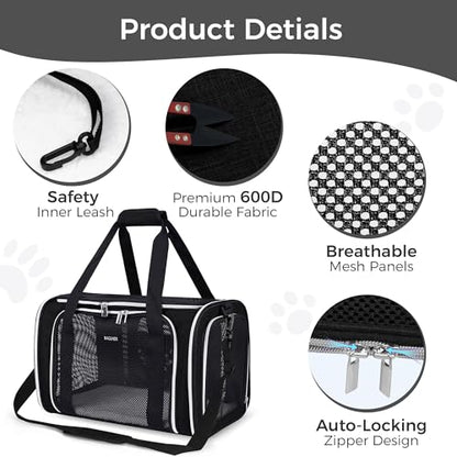 BAGLHER Pet Travel Carrier, Cat Carriers Dog Carrier for Small Medium Cats Dogs Puppies, Airline Approved Small Dog Carrier Soft Sided, Collapsible Puppy Carrier. Black - color: Black, size: Medium