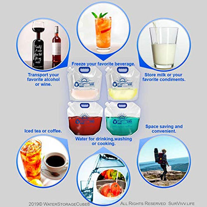 WaterStorageCube Premium Collapsible Water Container Bag, BPA Free Food Grade Clear Plastic Storage Jug for Camping Hiking Backpack Emergency, No-Leak Freezable Foldable Water Bottle 1.3/2.6 Gallon - size: 1.3 Gallon, style: 10-Pack