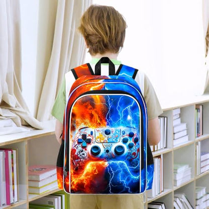 AGSDON 3PCS Game Console Backpack for Boys, 17" Kids Bookbag with Lunch Box for Boy, Flame Thunder Backpacks Water Resistant and Lightweight for Teen - color: Game