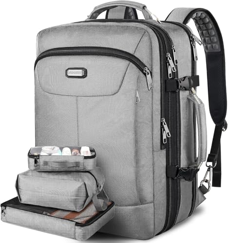 VECKUSON 50L Carry-On Backpack, TSA Approved for Flights, Extra Large Gaming & Travel Laptop Bag with USB Charger, 3 Packing Cubes, RFID Anti-Theft, Heavy Duty Weekender for Men & Women - color: Grey