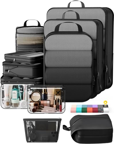 Veken 11-Pack Compression Packing Cubes for Travel Essentials,Compressible Expandable Large Luggage Suitcase Organizer Bags for Clothing,Durable Space Saver Bags with Toiletry Bags(Black) - color: Black, size: 11 set