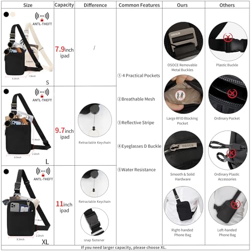 OSOCE Sling Bag, RFID Anti-Theft Lightweight - color: Black - Standard, size: X-Large