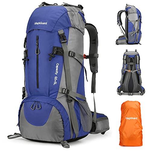 King'sGuard 70L Hiking Backpack with Rain Cover Lightweight Waterproof Travel Camping Backpack Large Backpacking Pack - color: Deepblue