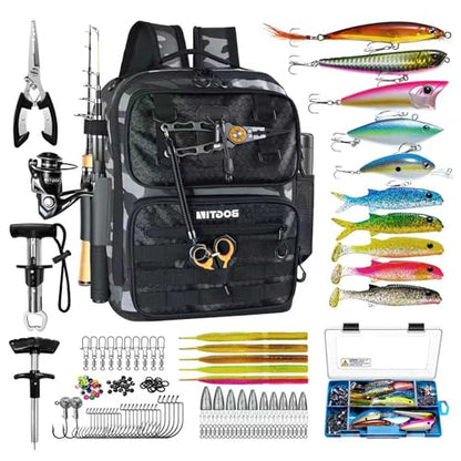 Fishing Backpack with Tackle Boxes and Rod Holders, Fishing Bag with Fishing Lure Kit Water-resistant Sling Tackle Bag Store Gear and Equipment, Bait Gifts for Men Woman Anglers-Grey Backpack - color: Grey
