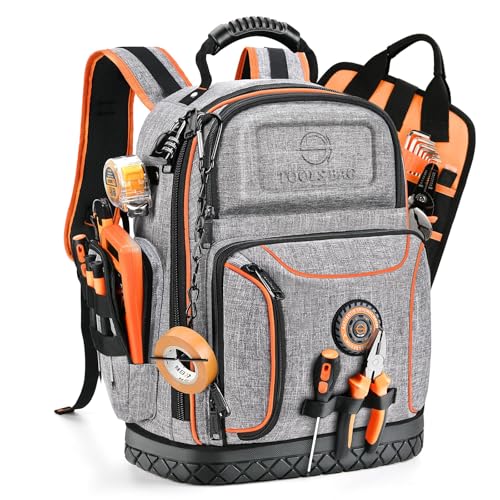 Tool Backpack Bag, Durable Electrician Backpack Tool Bag for HVAC with Waterproof Molded Base, Construction Work Heavy Duty Tools Organizer Bags with Combination Lock Large - Gray - color: Grey