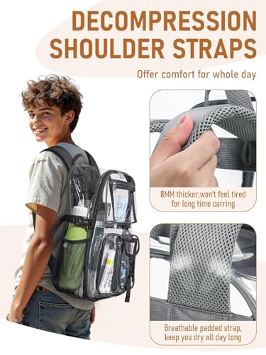 Clear Backpack Heavy Duty for Women Men Boys Girls, Large Clear Bookbag See Through Backpack for School College - color: 13-6#grey+pouch-no Reflective Strips