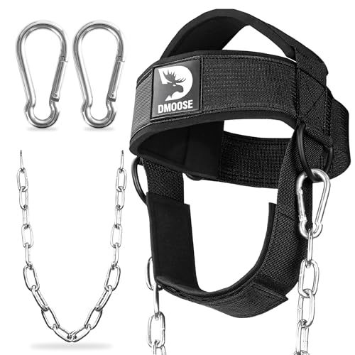 DMoose Fitness Neck Harness for Weight Lifting - Soft Padded Head & Chin Strap with 30" Heavy Duty Steel Chain - Neck Exerciser, Trainer & Strengthener to Support Injury Recovery and Intense Workouts - color: Black