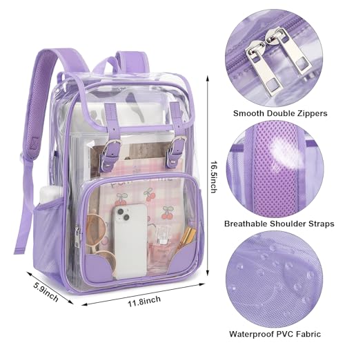 Fuyicat Clear Backpack Heavy Duty PVC Transparent Girls Kids School Backpacks Stadium Approved See Through College Bookbag for Women (Purple), Large - color: Purple