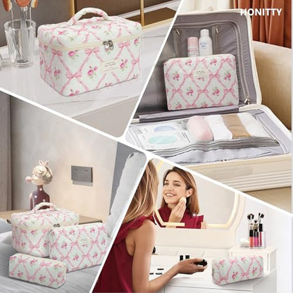 honitty Makeup Bag,Quilted Cosmetic Bag,Large Floral Make Up Bag for Women,Cotton Makeup Bag Set,Flower Travel Toiletry Bag - color: Pink Bow