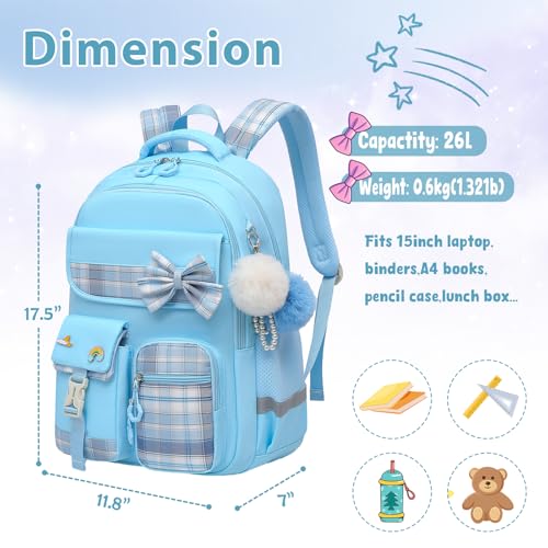 Alrisg Girls School Backpack Preppy Plaid Bookbag Lightweight Backpack for Girls Elementary Middle School Bow Blue - color: Blue, size: 17in