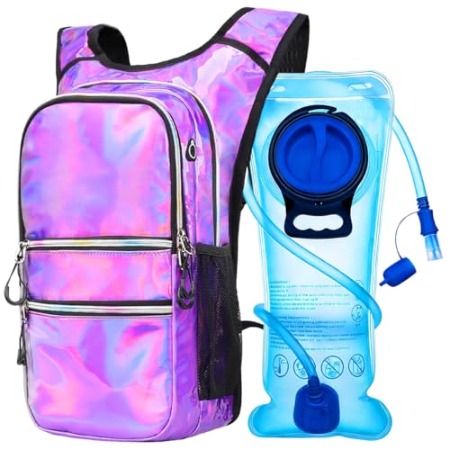 Mothybot Hydration Backpack Pack, Water Backpack 20L Capacities Included 2L Hydration Bladder, Festival Essential - Rave Hydration Pack Hydropack Hydro for Hiking, Festival Gear - color: Holographic PurpleBlue