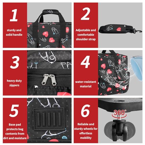 Nurse Rolling Medical Duffle Bag Work Nursing Clinical Home Health Cna Nr Gift Carry On Bag Wheel Doctor Emt Ems Healthcare (black and red) - color: black and red