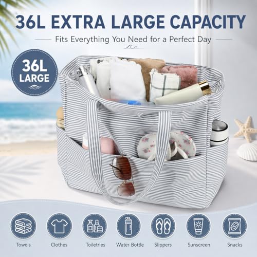 LEDAOU Beach Bag Waterproof Sandproof Women Beach Tote Pool Bag with Zipper for Swim Gym Grocery Travel with Wet Pocket | Sandproof - color: Light Gray White Stripes