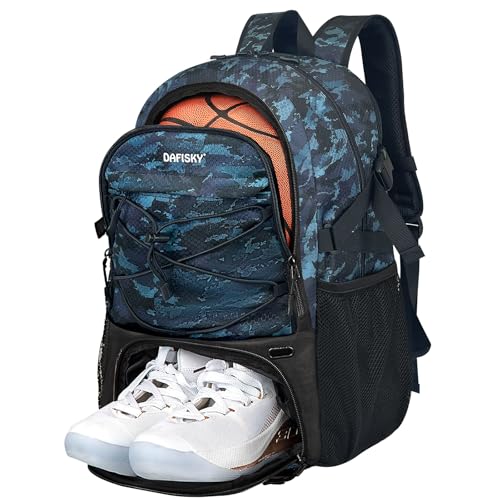 DAFISKY Basketball Backpack, Basketball Bag with Ball Holder Shoes Compartment, Sports Equipment Bag for Soccer Ball, Volleyball - color: CamoBlue