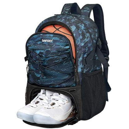DAFISKY Basketball Backpack Sports Bag | Basketball Bag with Shoe Compartment and Ball Holder, 30L Large gym bag for boys girls - color: CamoBlue